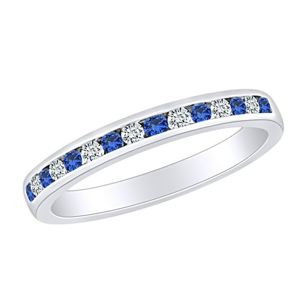 0.25 Ct Blue Sapphire & Diamonds Half Eternity Wedding Ring,White & Yellow Gold